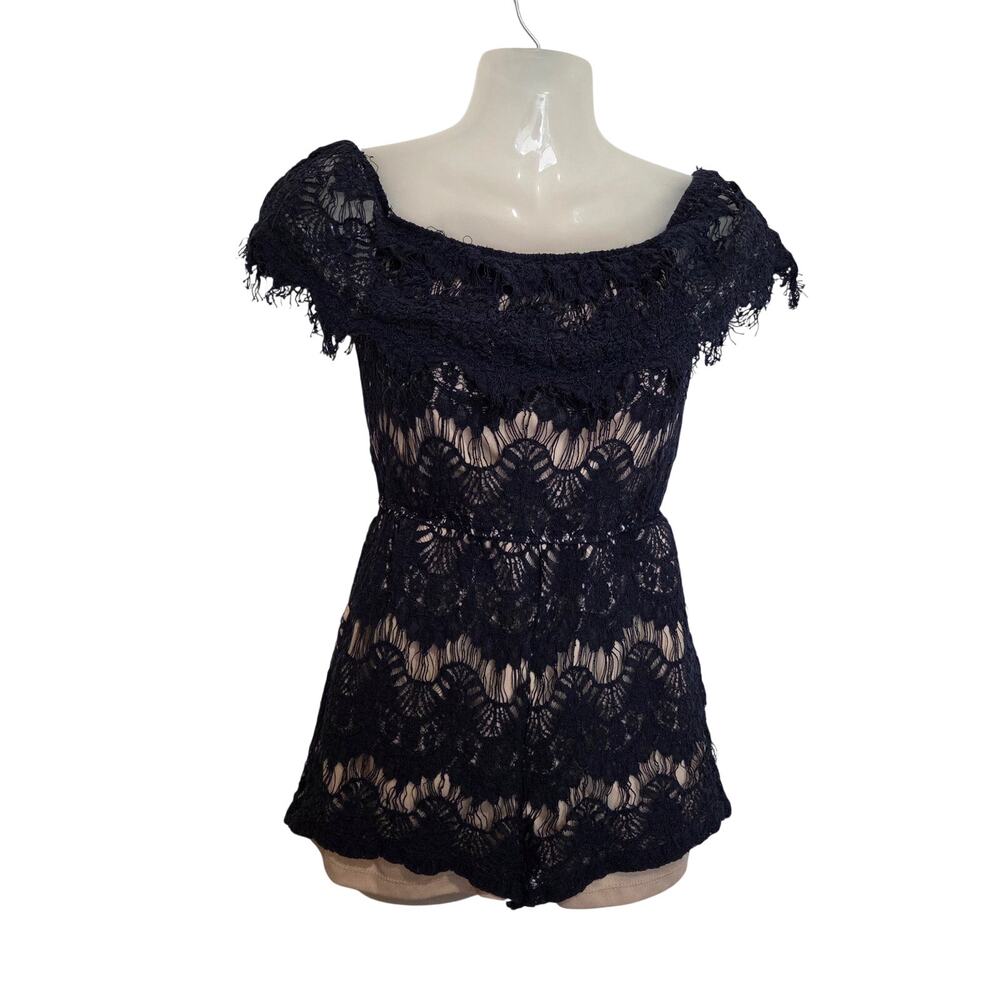 Love Fire Blue Lace Floral Boho Pockets Off The Shoulder Romper Size Small